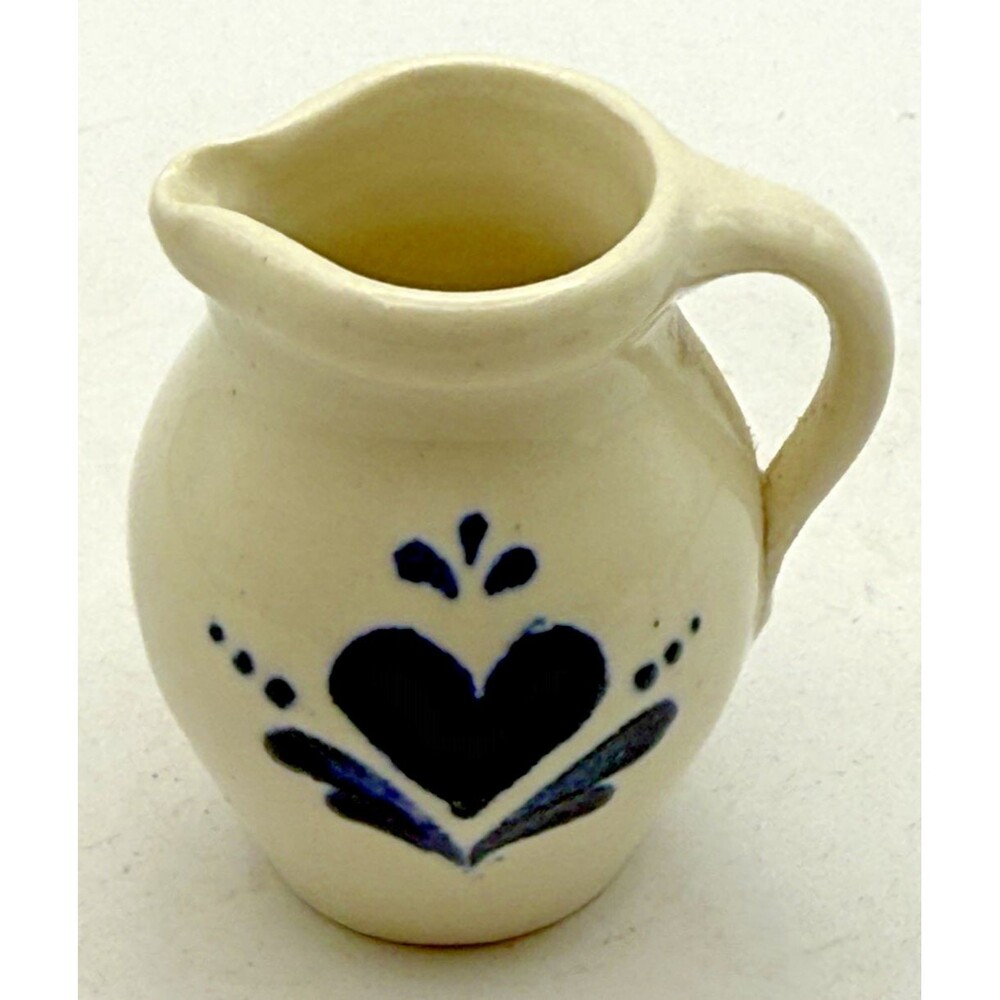 Vintage Miniature Stoneware Pitcher Heart FolkArt Primitive Design 2"